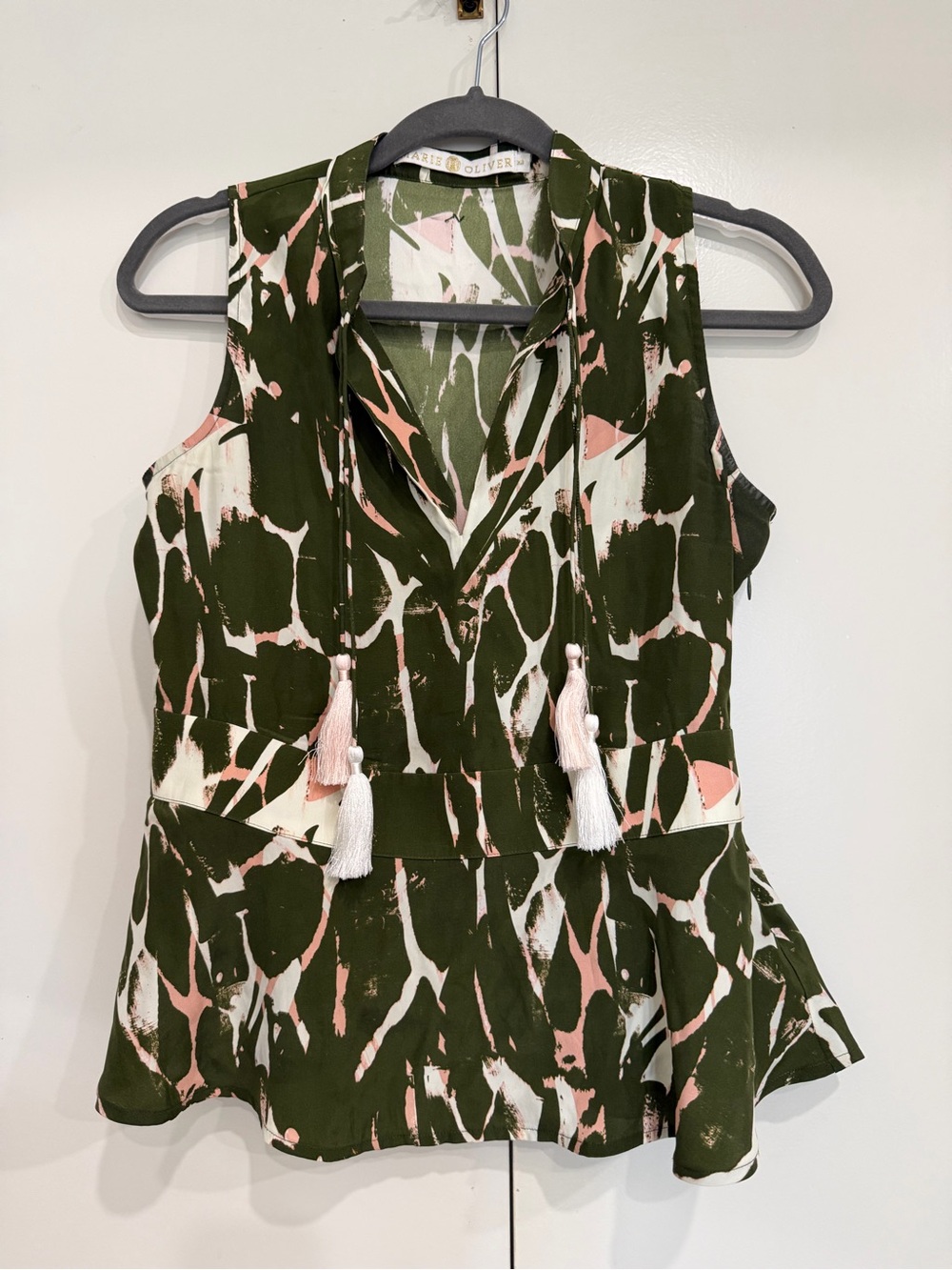 Marie Oliver Olive Green Sleeveless Printed Tie-Front Silk Blouse with Tassels